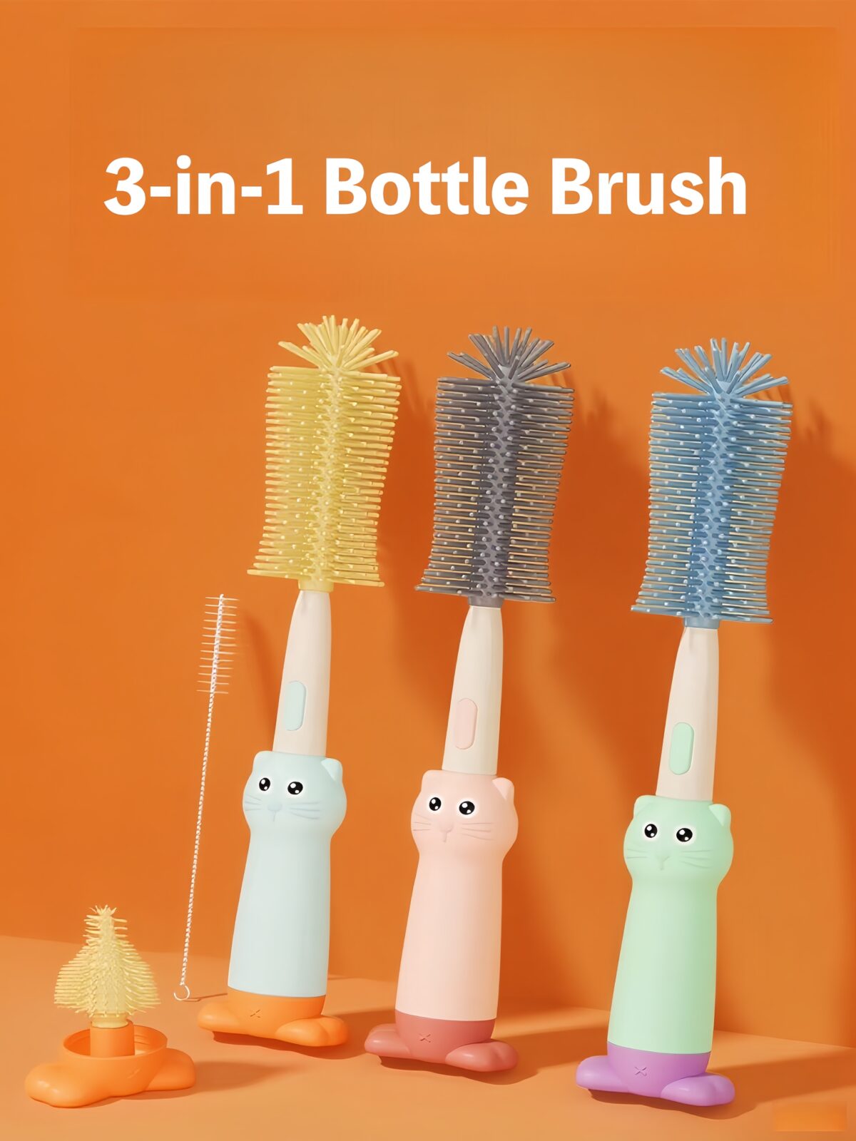 3-in-1 Bottle Brush Set (with a cat cartoon pattern) - Image 1